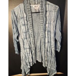 Aris. A Burnout Sheer Cardigan Top Blue Crinkle 3/4 Sleeve Crochet Sz 8 Coastal